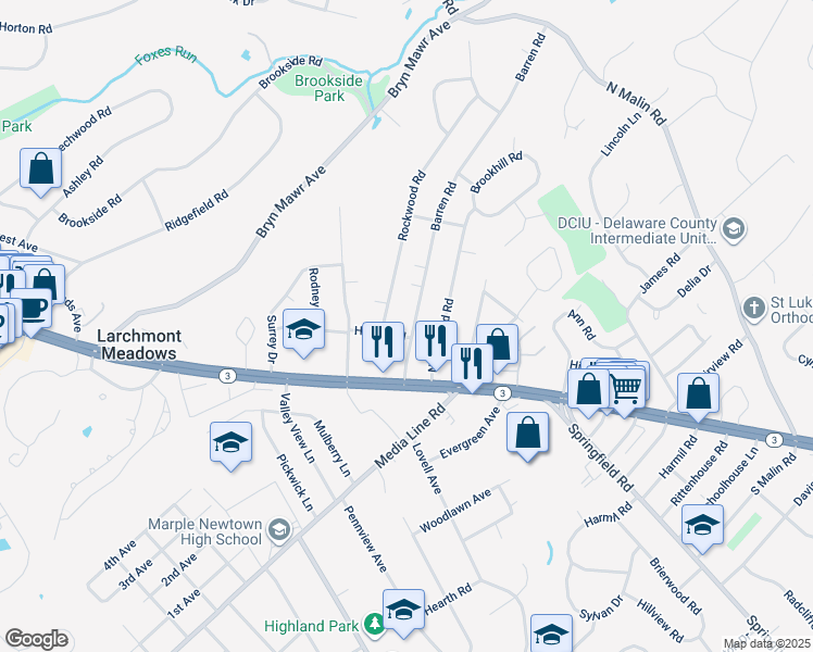 map of restaurants, bars, coffee shops, grocery stores, and more near 24 Barren Road in Newtown Square