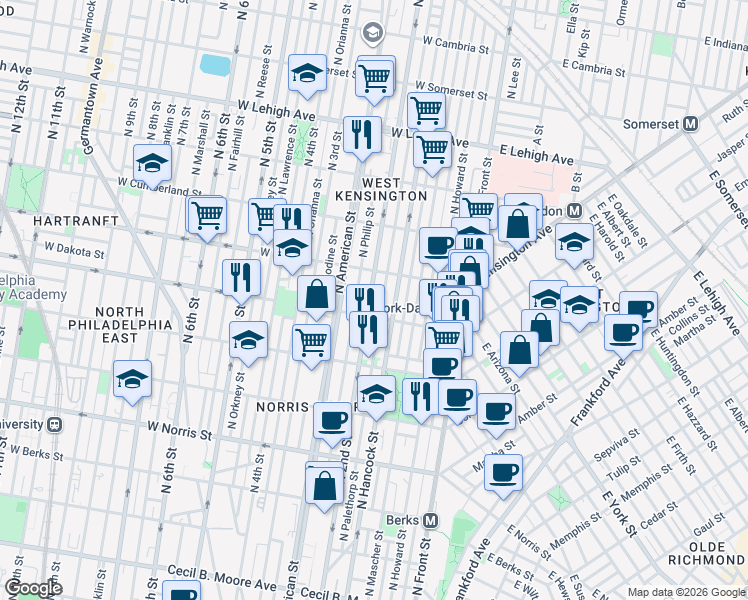 map of restaurants, bars, coffee shops, grocery stores, and more near 2302 North 2nd Street in Philadelphia