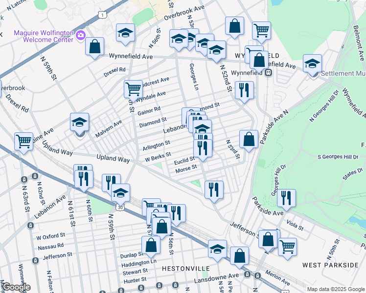 map of restaurants, bars, coffee shops, grocery stores, and more near 5435 West Berks Street in Philadelphia