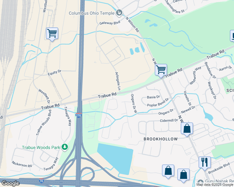 map of restaurants, bars, coffee shops, grocery stores, and more near Trabue Road in Columbus