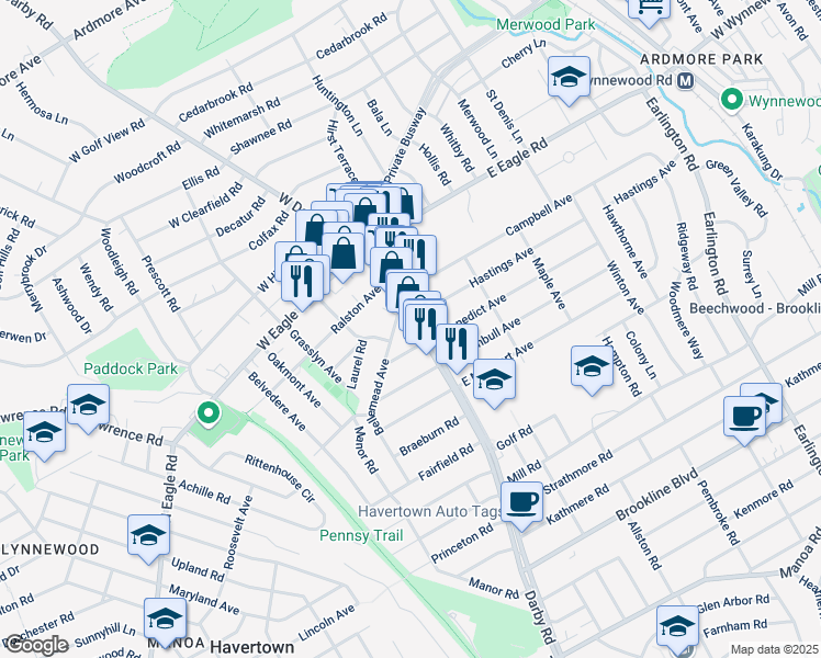 map of restaurants, bars, coffee shops, grocery stores, and more near 8 West Benedict Avenue in Havertown