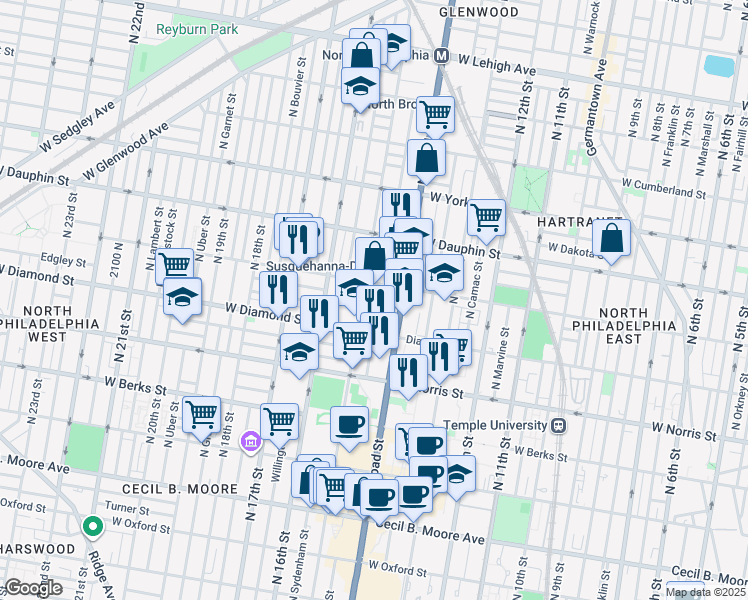 map of restaurants, bars, coffee shops, grocery stores, and more near 2126 North Carlisle Street in Philadelphia