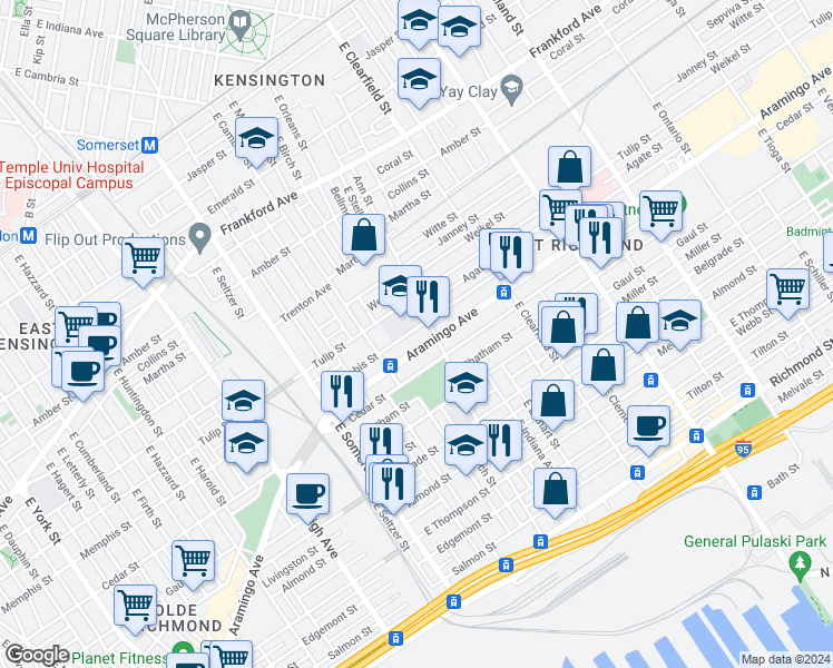 map of restaurants, bars, coffee shops, grocery stores, and more near 2963 Memphis Street in Philadelphia