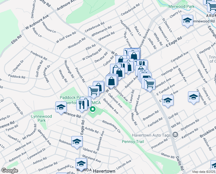 map of restaurants, bars, coffee shops, grocery stores, and more near 120 West Eagle Road in Havertown