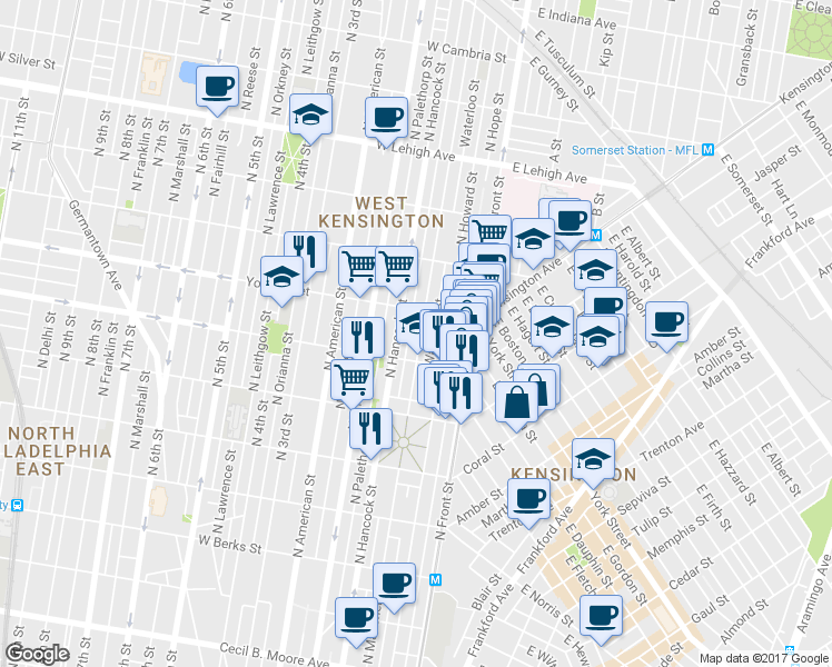 map of restaurants, bars, coffee shops, grocery stores, and more near 2330 North Mascher Street in Philadelphia