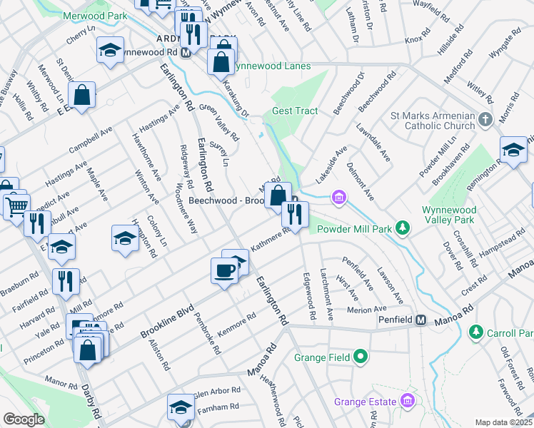 map of restaurants, bars, coffee shops, grocery stores, and more near 559 Strathmore Road in Havertown