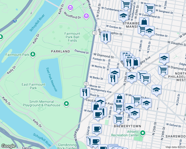 map of restaurants, bars, coffee shops, grocery stores, and more near 3224 Monument Street in Philadelphia