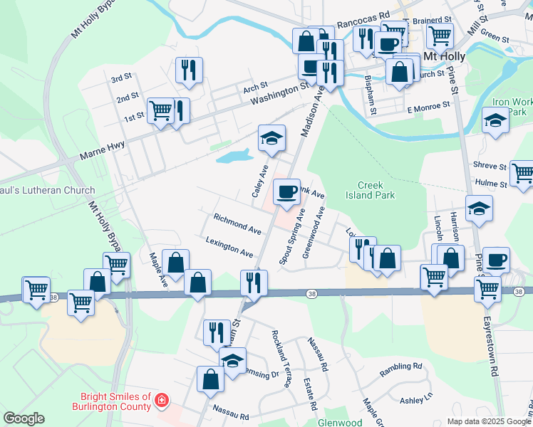 map of restaurants, bars, coffee shops, grocery stores, and more near 184 Madison Avenue in Mount Holly
