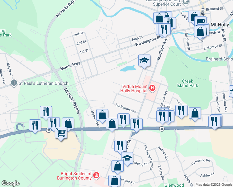 map of restaurants, bars, coffee shops, grocery stores, and more near 4 East Country Club Drive in Mount Holly