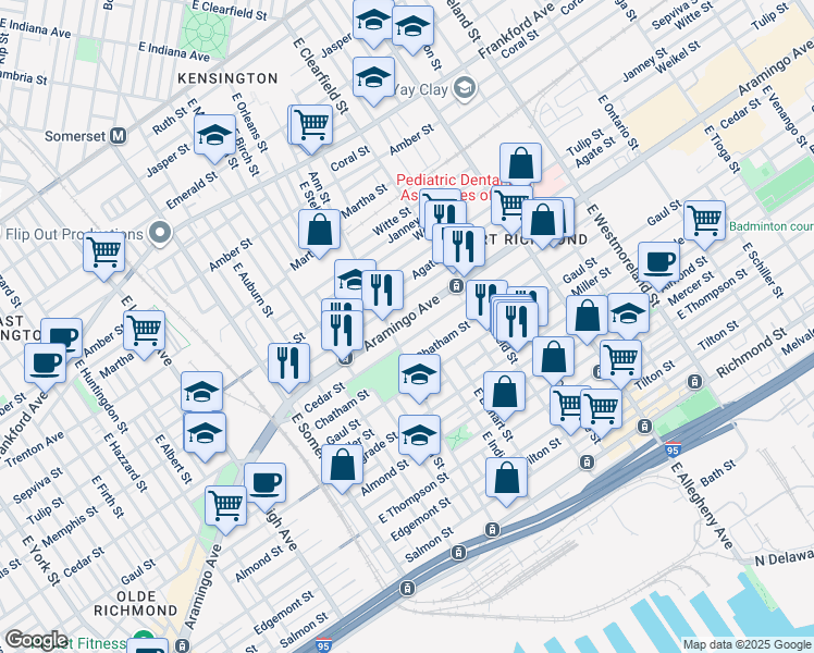 map of restaurants, bars, coffee shops, grocery stores, and more near 2993 Aramingo Avenue in Philadelphia
