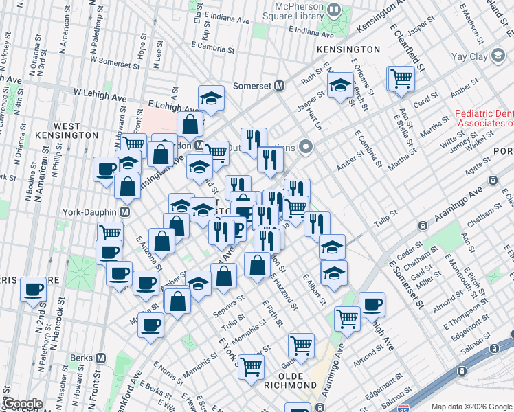 map of restaurants, bars, coffee shops, grocery stores, and more near 2639 Amber Street in Philadelphia
