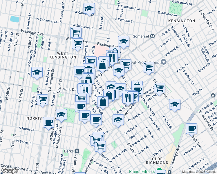 map of restaurants, bars, coffee shops, grocery stores, and more near 2444 Emerald Street in Philadelphia