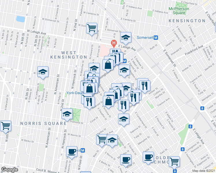 map of restaurants, bars, coffee shops, grocery stores, and more near 2444 Emerald Street in Philadelphia