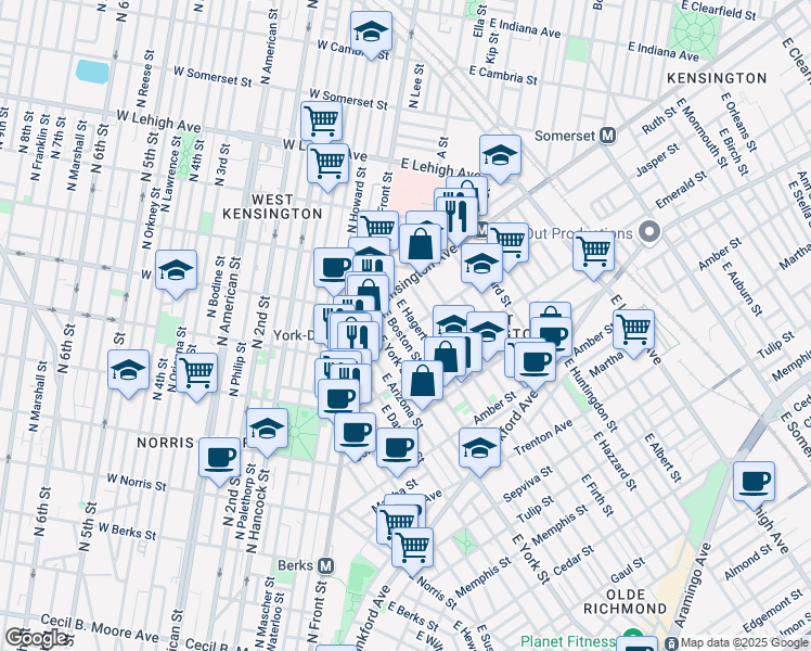 map of restaurants, bars, coffee shops, grocery stores, and more near 2421 Jasper Street in Philadelphia