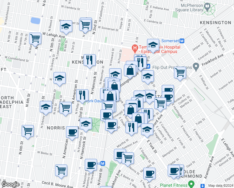 map of restaurants, bars, coffee shops, grocery stores, and more near in Philadelphia