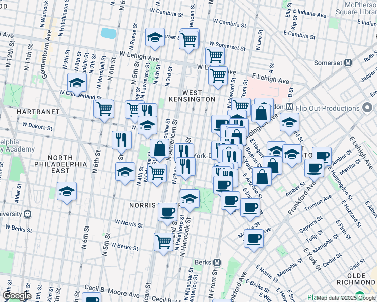 map of restaurants, bars, coffee shops, grocery stores, and more near 2302 North 2nd Street in Philadelphia