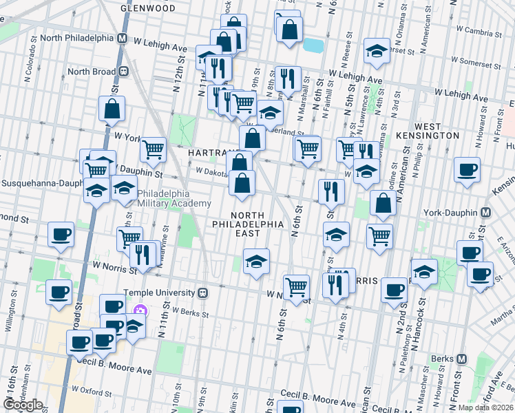 map of restaurants, bars, coffee shops, grocery stores, and more near 2224 North 7th Street in Philadelphia