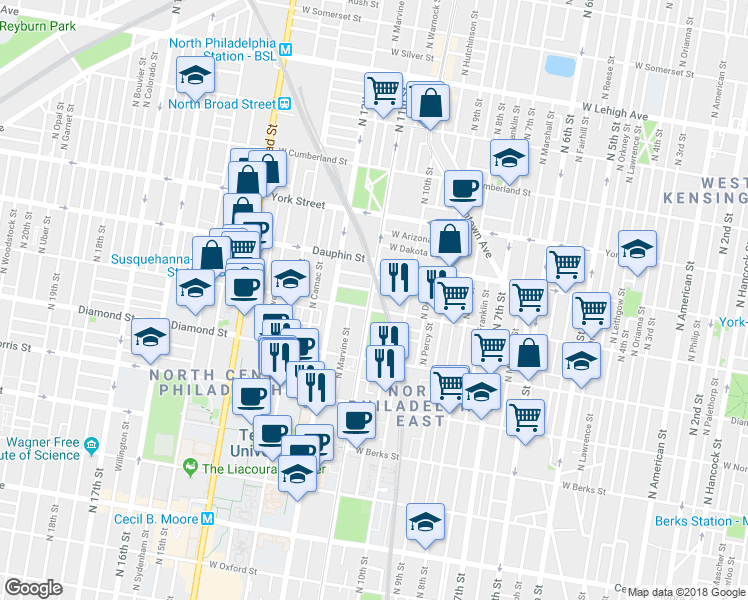 map of restaurants, bars, coffee shops, grocery stores, and more near 1040 West Susquehanna Avenue in Philadelphia
