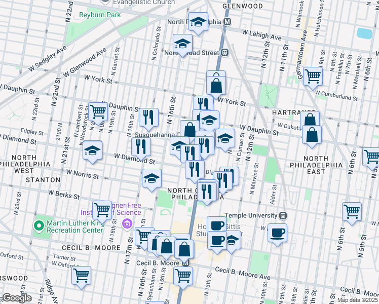 map of restaurants, bars, coffee shops, grocery stores, and more near 2126 North Carlisle Street in Philadelphia