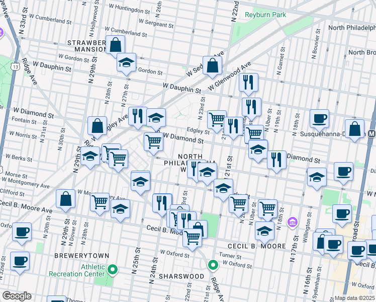 map of restaurants, bars, coffee shops, grocery stores, and more near 2228 Page Street in Philadelphia