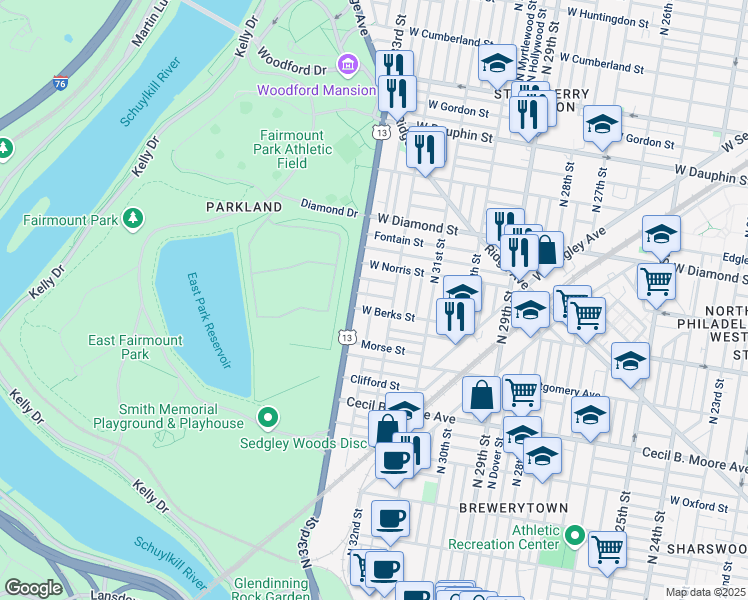 map of restaurants, bars, coffee shops, grocery stores, and more near 1847 North 33rd Street in Philadelphia