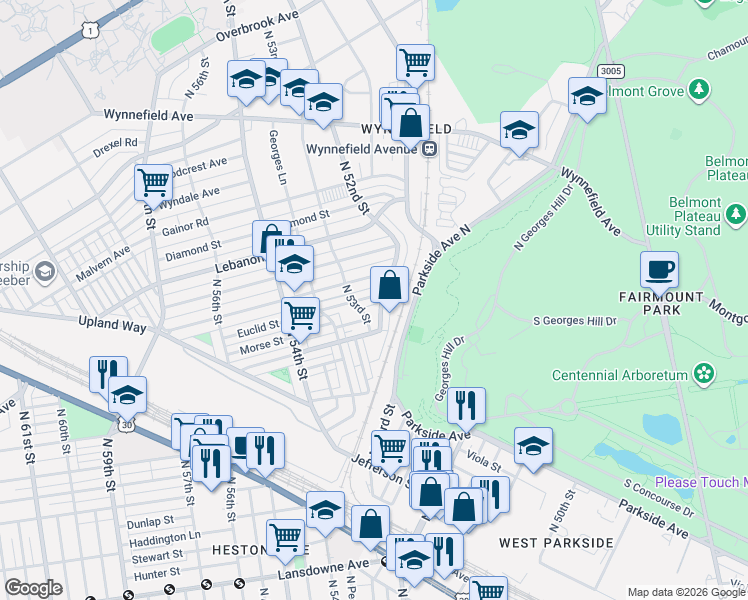 map of restaurants, bars, coffee shops, grocery stores, and more near 1816 North 52nd Street in Philadelphia