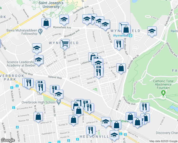 map of restaurants, bars, coffee shops, grocery stores, and more near 5435 West Berks Street in Philadelphia