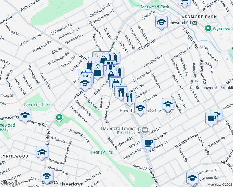 map of restaurants, bars, coffee shops, grocery stores, and more near 8 West Benedict Avenue in Havertown