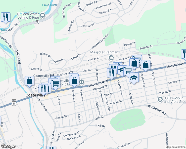 map of restaurants, bars, coffee shops, grocery stores, and more near 564 East Chestnut Street in Coatesville