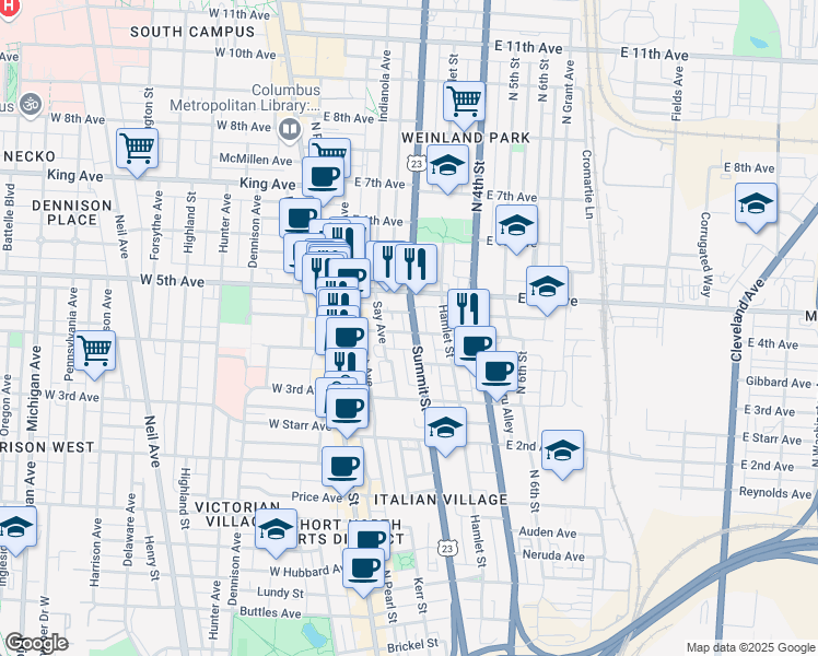 map of restaurants, bars, coffee shops, grocery stores, and more near 93 East 4th Avenue in Columbus