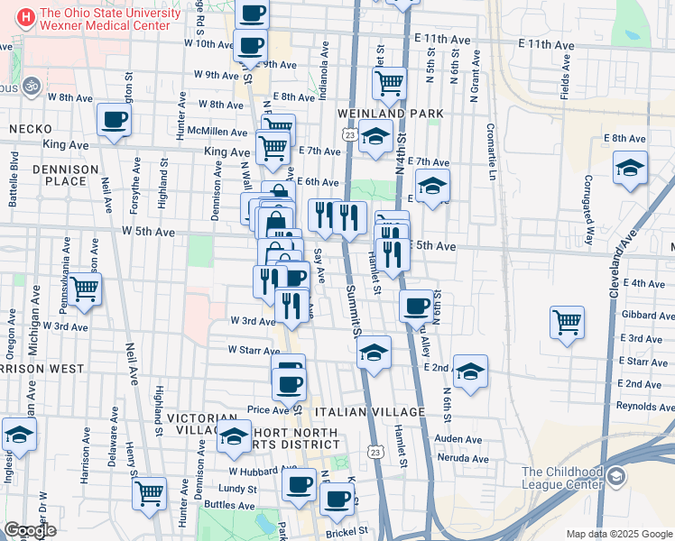 map of restaurants, bars, coffee shops, grocery stores, and more near 93 East 4th Avenue in Columbus