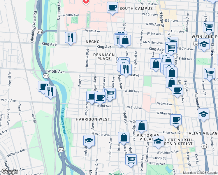 map of restaurants, bars, coffee shops, grocery stores, and more near 339 West 4th Avenue in Columbus