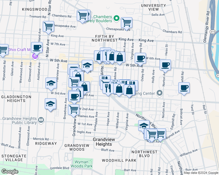 map of restaurants, bars, coffee shops, grocery stores, and more near 1330 Northwest Boulevard in Columbus
