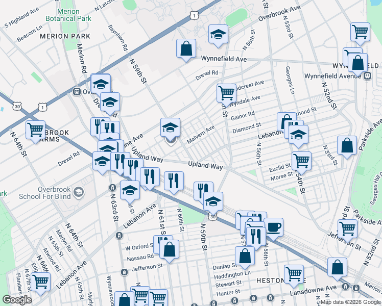 map of restaurants, bars, coffee shops, grocery stores, and more near 2129 North 59th Street in Philadelphia