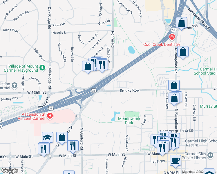map of restaurants, bars, coffee shops, grocery stores, and more near 528 West Smokey Row Road in Carmel