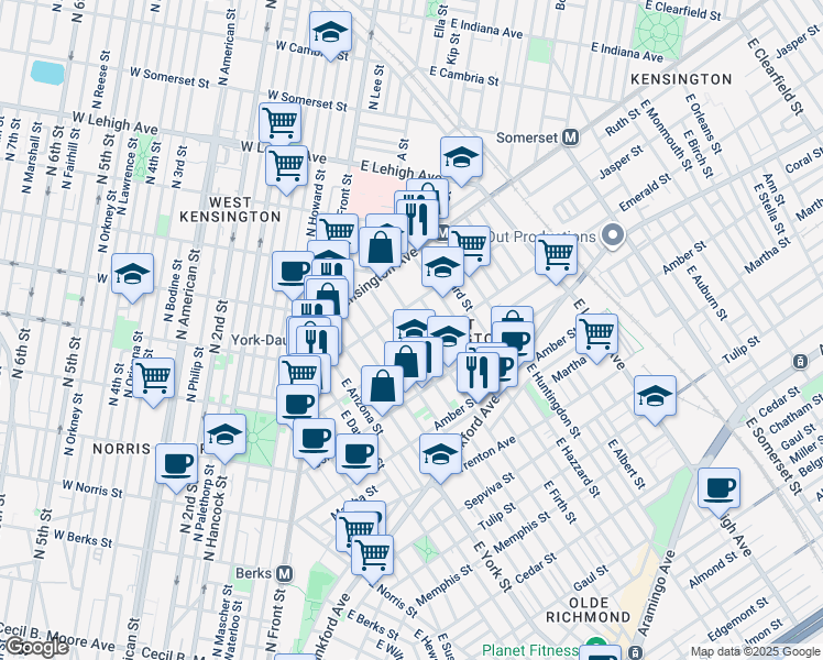 map of restaurants, bars, coffee shops, grocery stores, and more near 1926 East Cumberland Street in Philadelphia