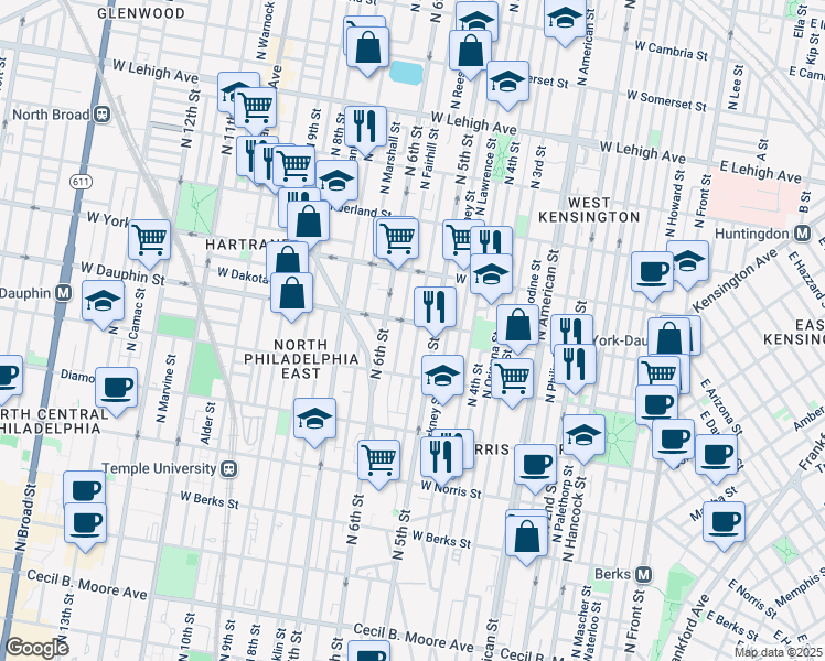 map of restaurants, bars, coffee shops, grocery stores, and more near 2258 North Reese Street in Philadelphia