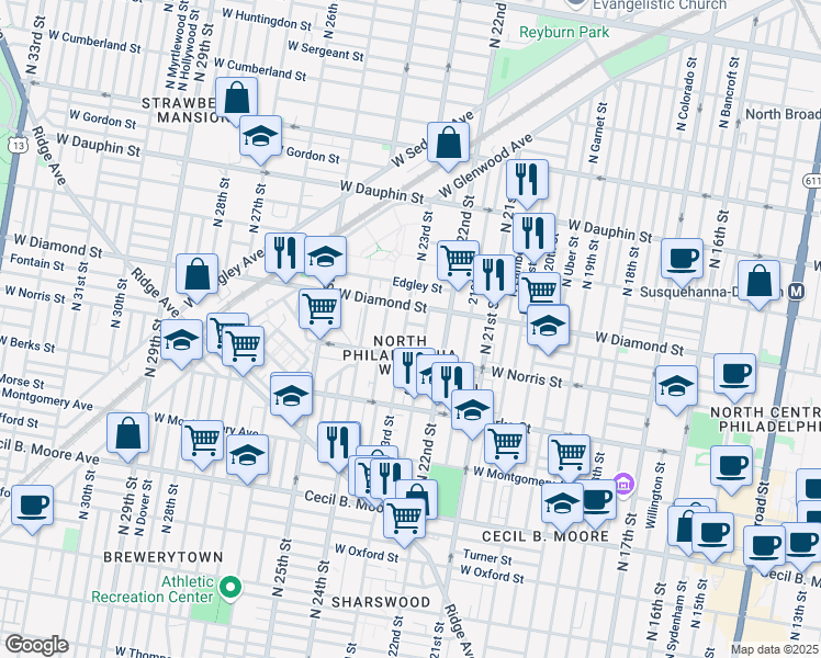 map of restaurants, bars, coffee shops, grocery stores, and more near 2236 Fontain Street in Philadelphia