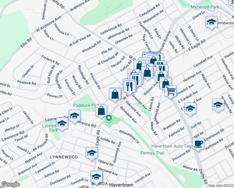 map of restaurants, bars, coffee shops, grocery stores, and more near 131 West Hillcrest Avenue in Havertown
