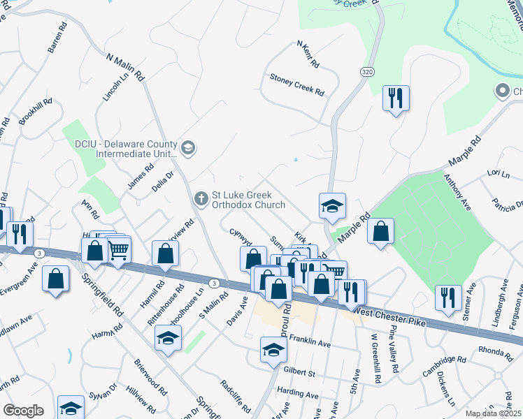map of restaurants, bars, coffee shops, grocery stores, and more near 2646 Kirk Avenue in Broomall