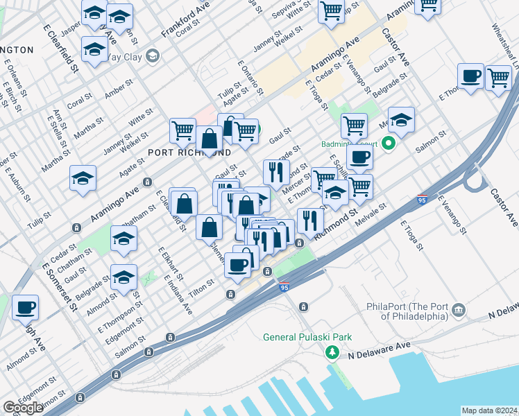 map of restaurants, bars, coffee shops, grocery stores, and more near 2621 East Madison Street in Philadelphia
