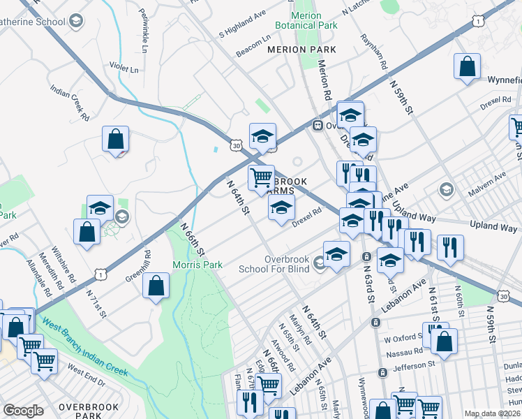 map of restaurants, bars, coffee shops, grocery stores, and more near 6379 Sherwood Road in Philadelphia