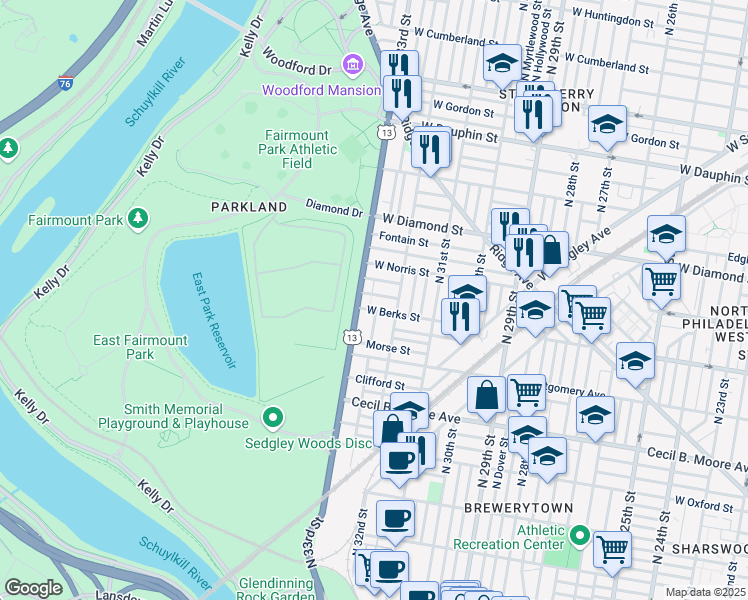 map of restaurants, bars, coffee shops, grocery stores, and more near 3230 Monument Street in Philadelphia