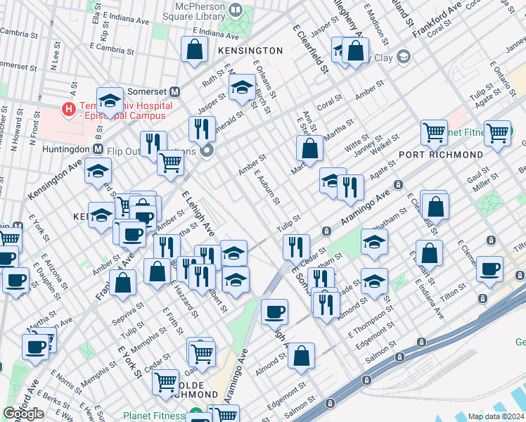 map of restaurants, bars, coffee shops, grocery stores, and more near 2201 East Somerset Street in Philadelphia
