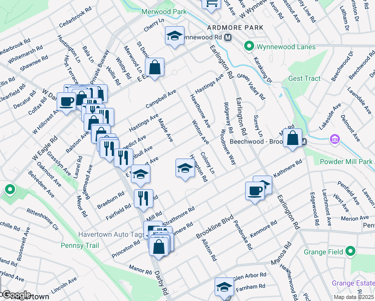 map of restaurants, bars, coffee shops, grocery stores, and more near 206 Edgehill Drive in Havertown