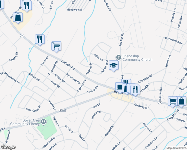 map of restaurants, bars, coffee shops, grocery stores, and more near 2178 Dorwood Drive in Dover