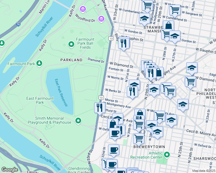 map of restaurants, bars, coffee shops, grocery stores, and more near 3230 Monument Street in Philadelphia