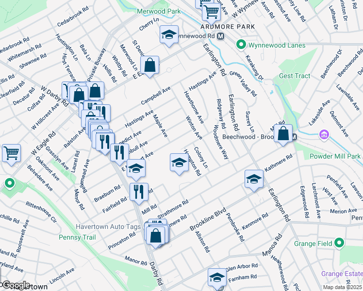 map of restaurants, bars, coffee shops, grocery stores, and more near 206 Edgehill Drive in Havertown