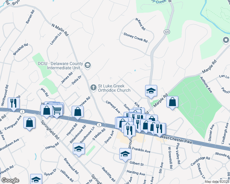 map of restaurants, bars, coffee shops, grocery stores, and more near 2649 Summit Avenue in Broomall