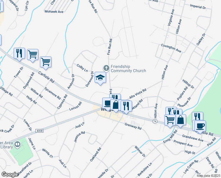 map of restaurants, bars, coffee shops, grocery stores, and more near 3311 Fox Run Road in Dover